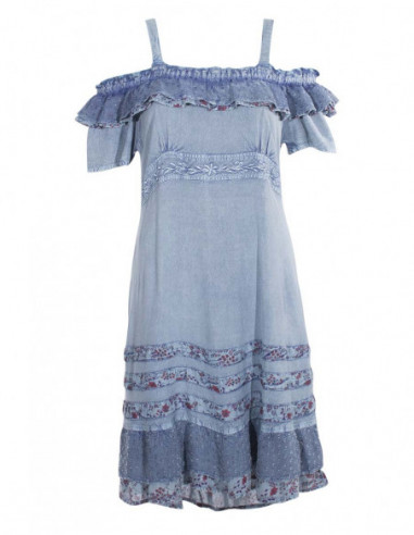 Robe courte brodée à volants épaules découvertes jean