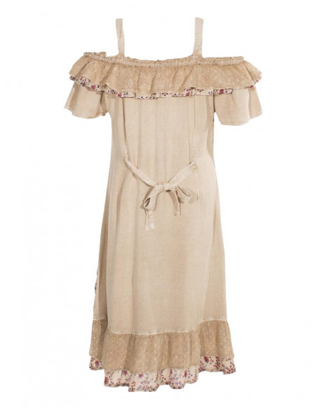 Robe courte brodée à volants épaules découvertes beige dos
