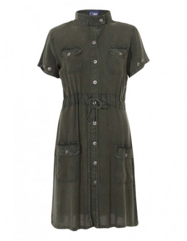 Robe courte chemise esprit jean stone wash vert olive pour femme