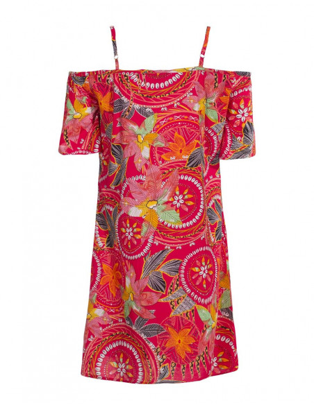 Robe ethnique épaules dénudées rouge dos