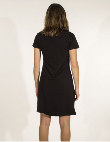 Robe courte à manches courtes en coton avec motifs fleuris unie noire