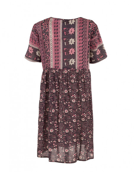 Robe courte femme coupe droite et imprimé fleurettes noires