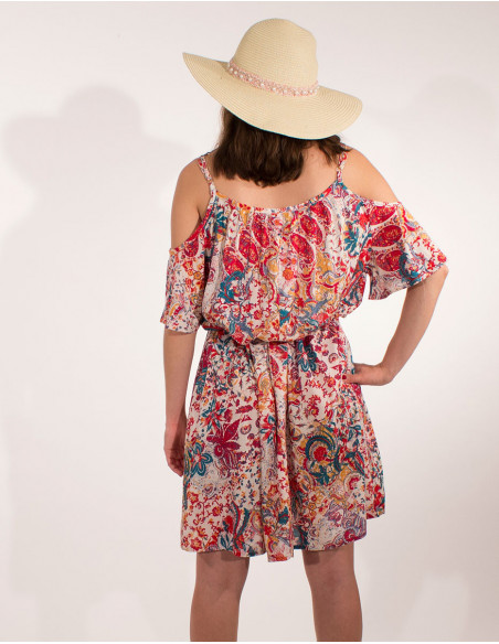 Robe courte fleurie avec ceinture épaules nues dos