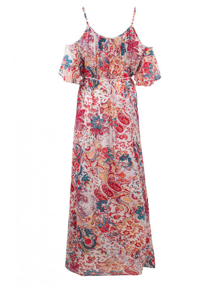 Robe longue fleurie romantique épaules dénudées dos