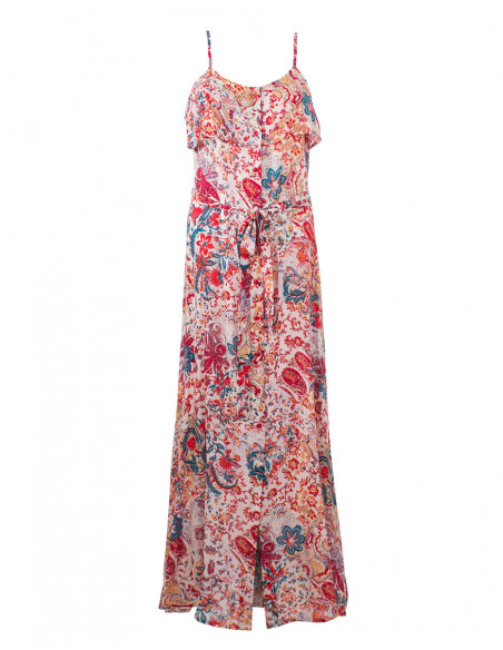 Robe longue rétro pour l'été à fleurs et petits boutons blanches et rouges