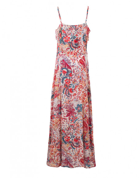 Robe longue bohème blanche et rouge à petits boutons