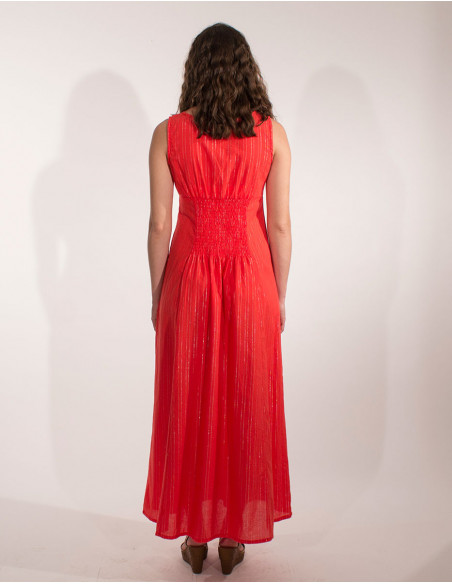 Robe longue unie corail à col V sexy pour l'été