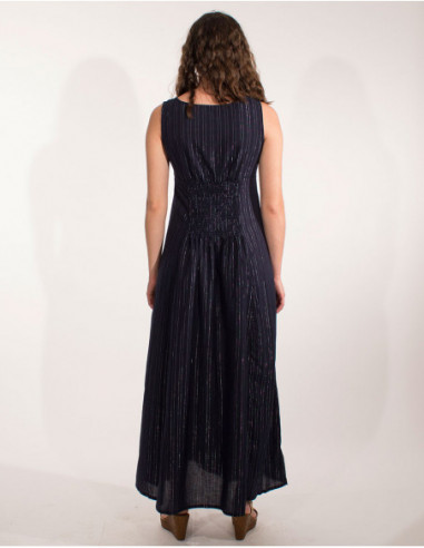 Robe longue unie bleu marine à col V sexy pour l'été