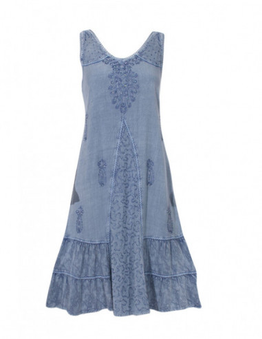 Robe courte sans manches pour l'été en stone wash avec broderies bleu ciel