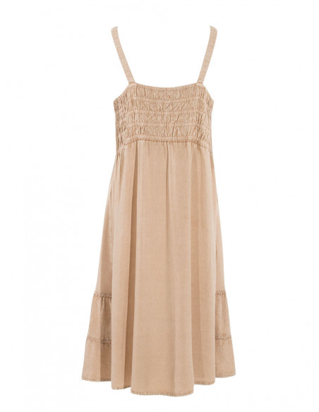 Robe courte à fines bretelles pour femme avec broderies en stone wash couleur beige