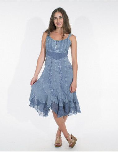 Robe courte en stone wash avec plumetis couleur jean