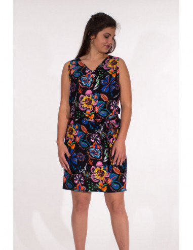 Robe courte et droite à imprimé de fleurs colorées noires