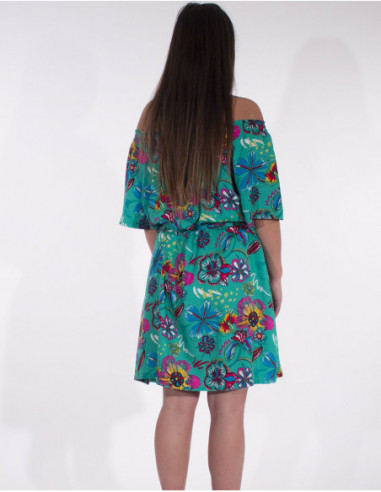 Robe courte d'été à manches courtes et imprimé fleurs tropicales menthe