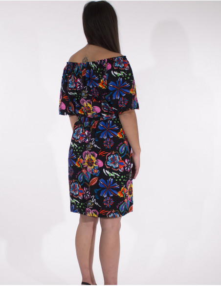 Robe courte d'été à manches courtes et imprimé fleurs tropicales menthe noir