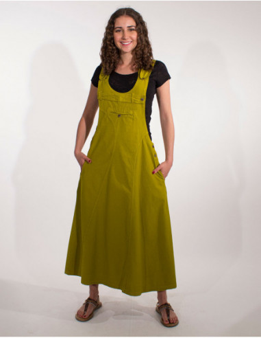 Robe tablier ethnique en coton unie jaune moutarde