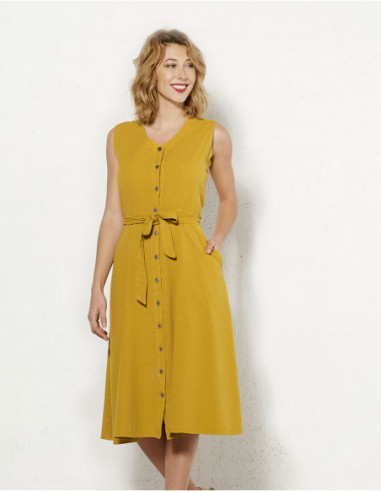 Robe vintage midi unie basique jaune moutarde