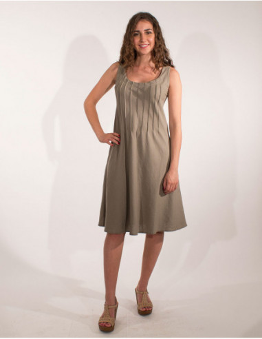 Robe féminine chic en lin et viscose avec fronces unie taupe