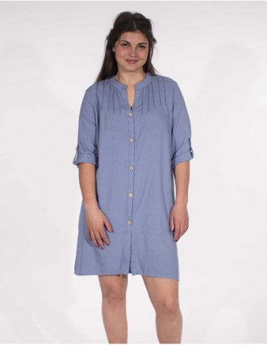Robe courte chemise pour femme unie en lin  bleu ciel