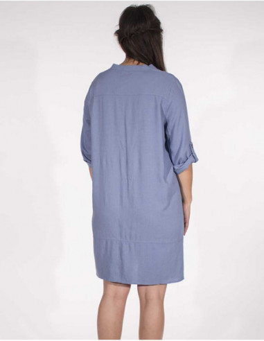 Plain shirt dress in linen and viscose