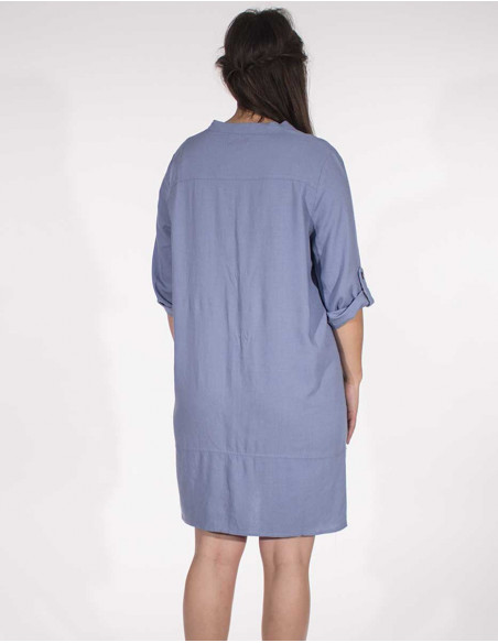 Robe courte basique unie bleu ciel avec boutons et manches 3/4