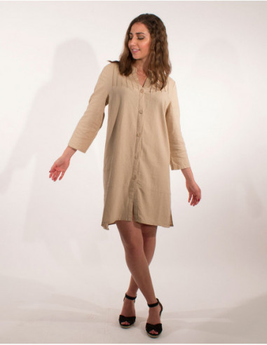 Robe courte chemise pour femme unie en lin beige