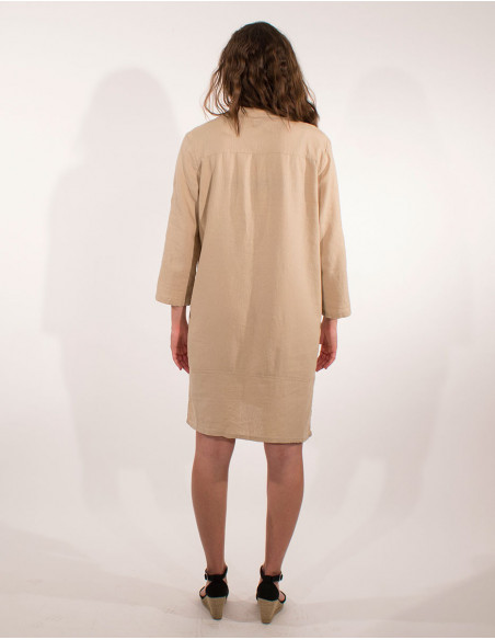 Robe courte basique unie beige avec boutons et manches 3/4