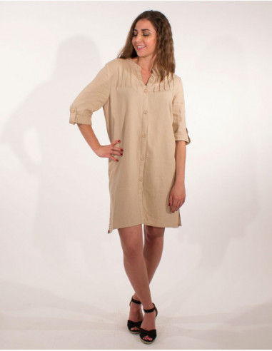 Robe courte basique unie écru avec boutons et manches 3/4