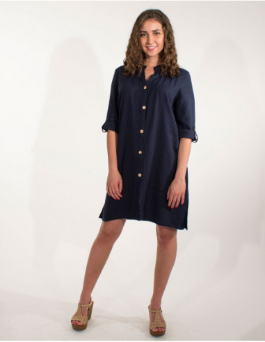 Robe courte chemise pour femme unie en lin bleu marine