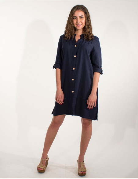Plain shirt dress in linen and viscose