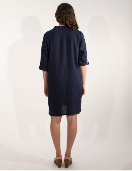 Robe courte basique unie bleu marine avec boutons et manches 3/4