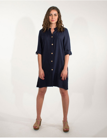 Plain shirt dress in linen and viscose