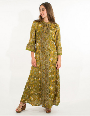 Robe longue japonaise originale pour femme à imprimé olive