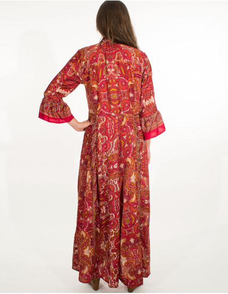 Robe longue japonisante avec boutons et imprimé ethnique rouge rouille
