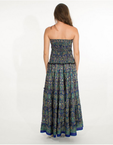 Robe longue originale bustier à motifs ethniques bleu