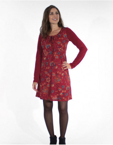 Robe originale hiver avec manches unies imprimé fleur bordeaux