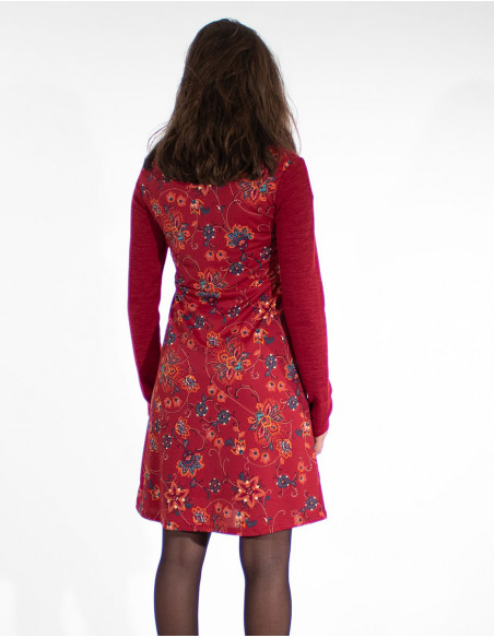 Robe originale hiver avec manches unies imprimé fleur bordeaux dos