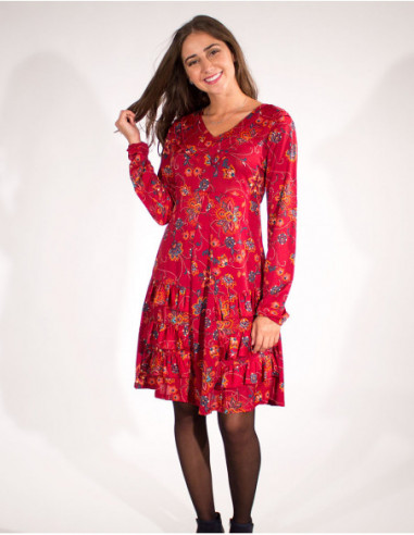 robe hiver fleurie col V longueur genou rouge