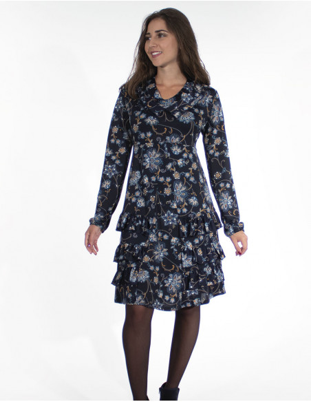 robe hiver fleurie col V longueur genou marine