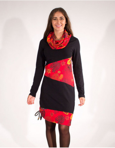 Robe hiver col boule patchwork ethnique noire