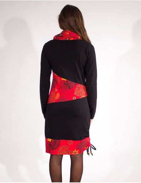 Robe hiver col boule patchwork ethnique noire dos