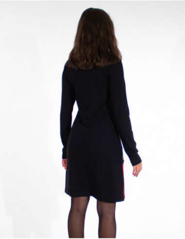 Robe hiver patchwork brodée en coton dos uni noir 