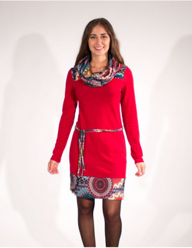 Robe courte d'hiver ethnique baba cool rouge