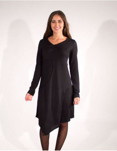 Robe hiver originale asymétrique col V noir