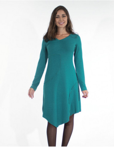 Robe hiver originale asymétrique col V bleu emeraude