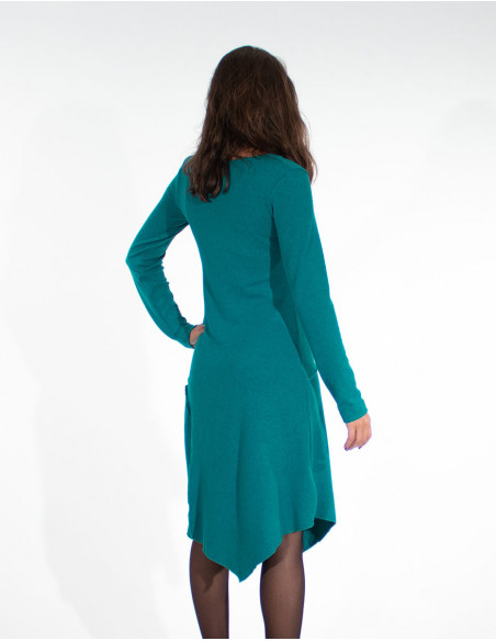 Robe hiver originale asymétrique col V noir bleu émeraude