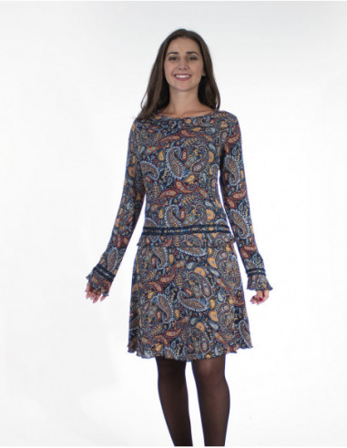 Robe courte originale hiver imprimé cachemire bleue