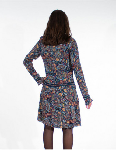 Robe courte originale hiver imprimé cachemire bleue dos