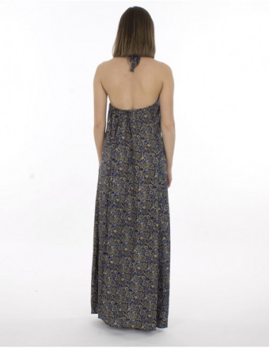 Robe longue cocktail chic dos nu marine dos