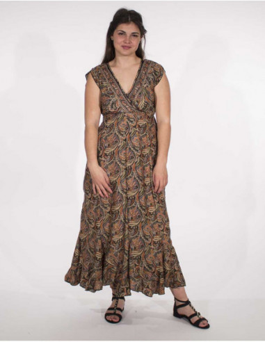 Robe longe bohème frous-frous en bas, petites manches décolleté croisé pétrole