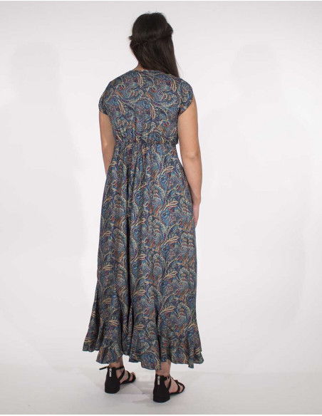 Robe longe bohème frous-frous en bas, petites manches décolleté croisé pétrole dos